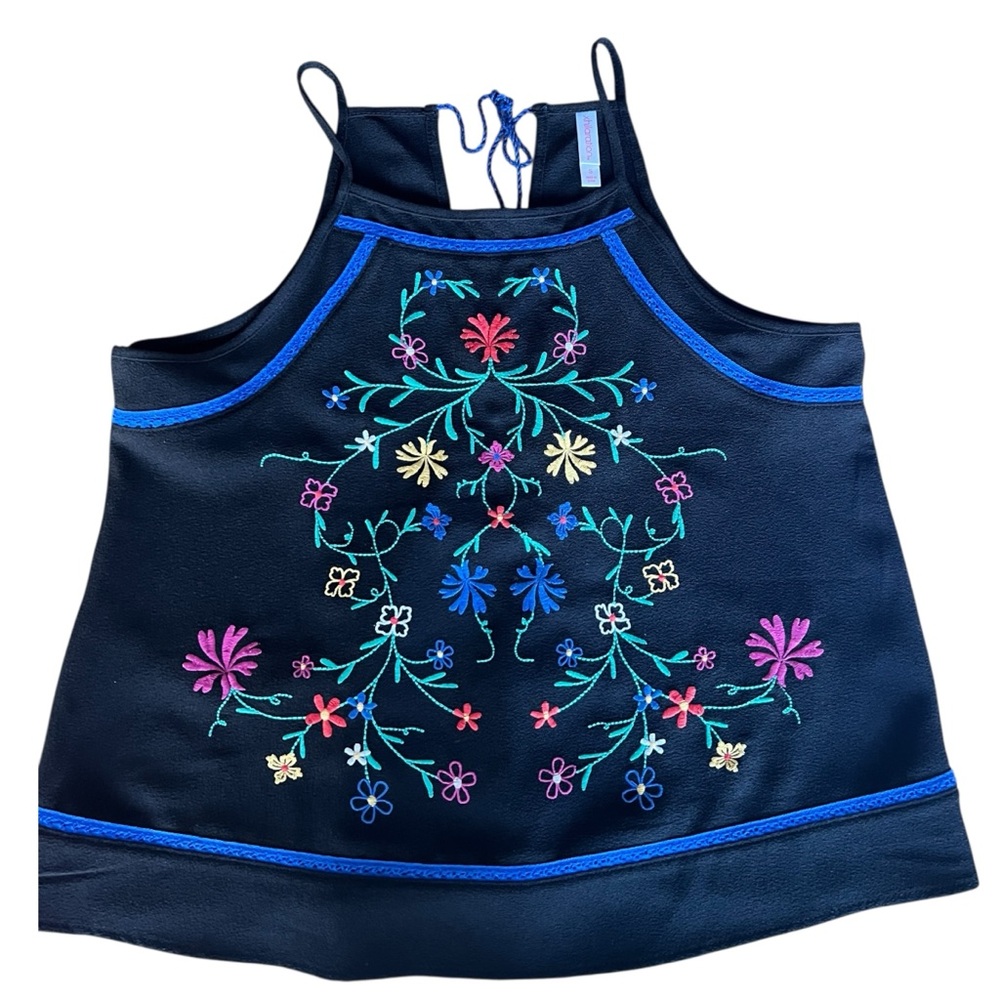 Xhilaration Tank Top Small Black Embroidered Floral Boho Festival Halter Crop